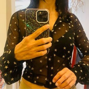 Donna Mizani Black mesh blouse with Gold Stars